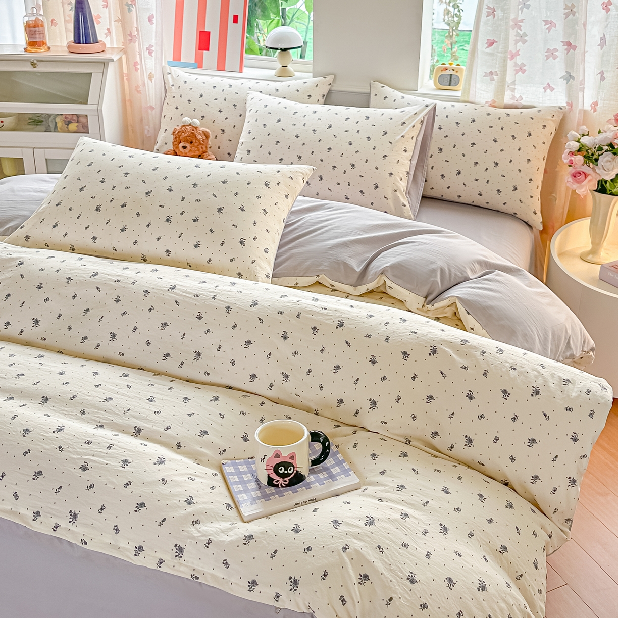 91家纺网 家纺一手货源 找家纺 斯卡诺家纺 2026新款春夏古法水洗仿棉云感纱四件套小布袋五件套 慕兮