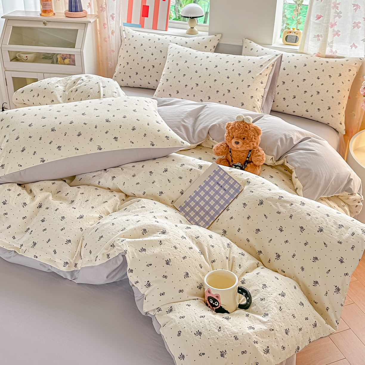 91家纺网 家纺一手货源 找家纺 斯卡诺家纺 2026新款春夏古法水洗仿棉云感纱四件套小布袋五件套 慕兮