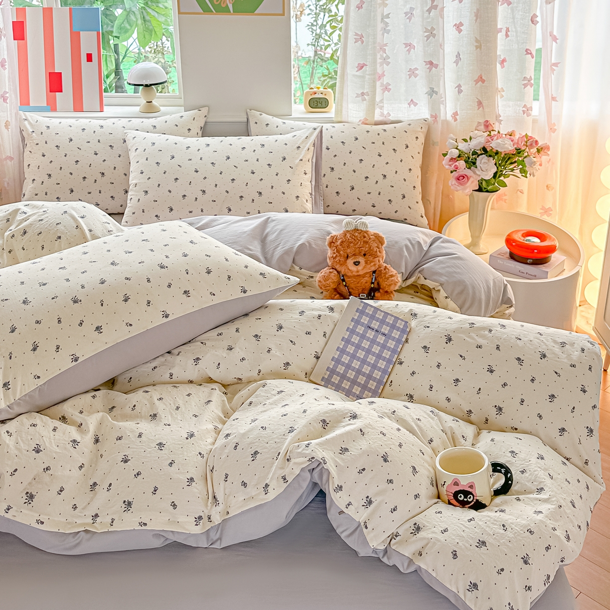 91家纺网 家纺一手货源 找家纺 斯卡诺家纺 2026新款春夏古法水洗仿棉云感纱四件套小布袋五件套 慕兮