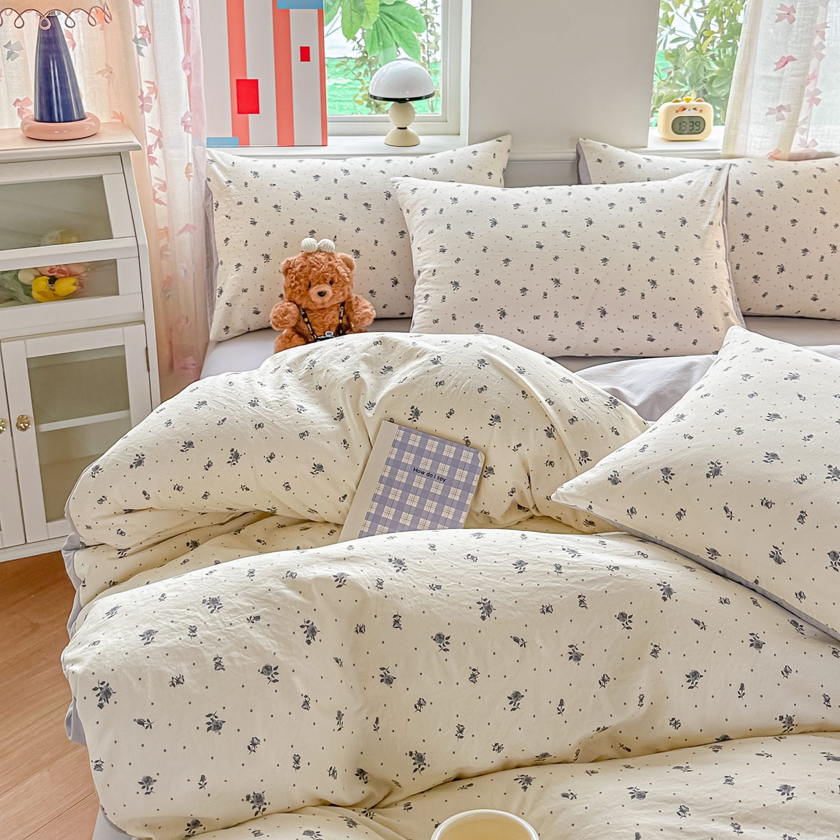 91家纺网 家纺一手货源 找家纺 斯卡诺家纺 2026新款春夏古法水洗仿棉云感纱四件套小布袋五件套 慕兮