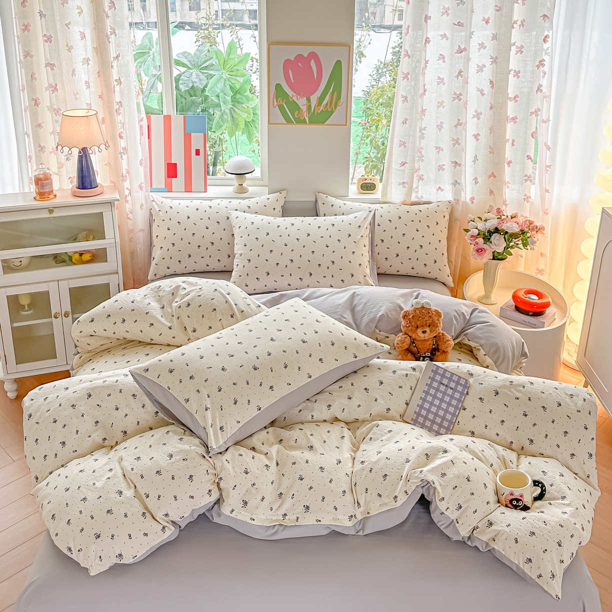 91家纺网 家纺一手货源 找家纺 斯卡诺家纺 2026新款春夏古法水洗仿棉云感纱四件套小布袋五件套 慕兮