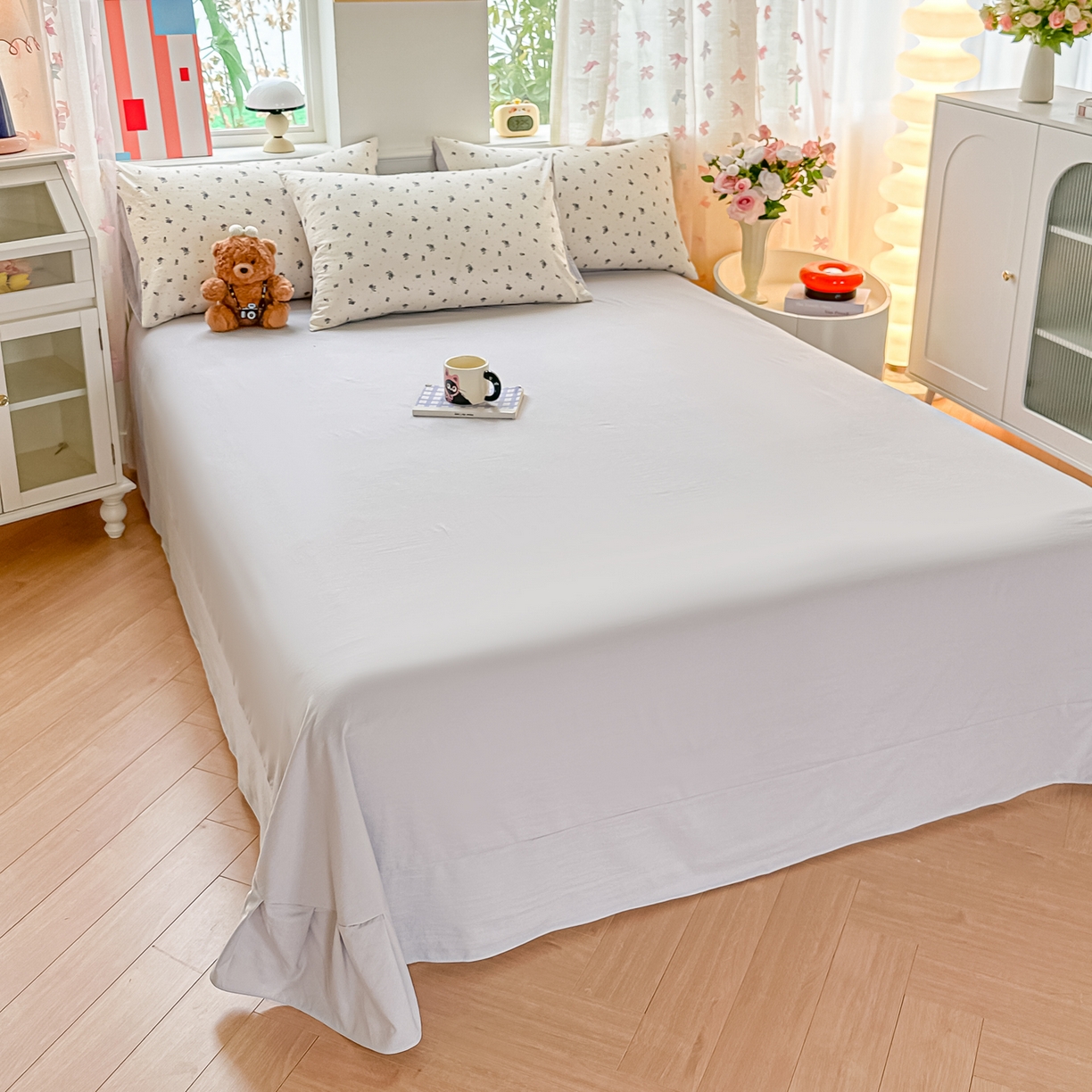 91家纺网 家纺一手货源 找家纺 斯卡诺家纺 2026新款春夏古法水洗仿棉云感纱四件套小布袋五件套 慕兮