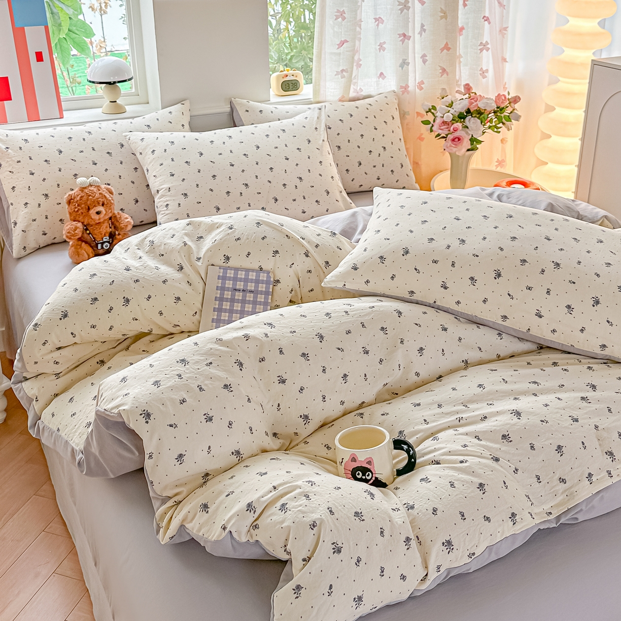 91家纺网 家纺一手货源 找家纺 斯卡诺家纺 2026新款春夏古法水洗仿棉云感纱四件套小布袋五件套 慕兮