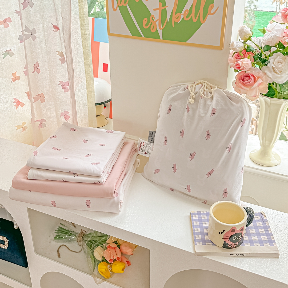 91家纺网 家纺一手货源 找家纺 斯卡诺家纺 2026新款春夏古法水洗仿棉云感纱四件套小布袋五件套 俏皮狗