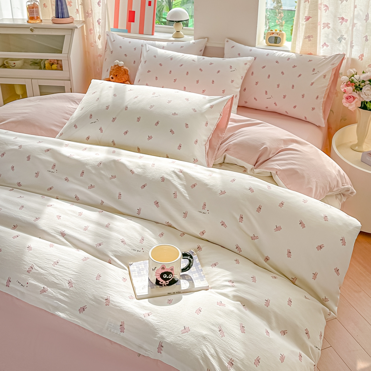 91家纺网 家纺一手货源 找家纺 斯卡诺家纺 2026新款春夏古法水洗仿棉云感纱四件套小布袋五件套 俏皮狗