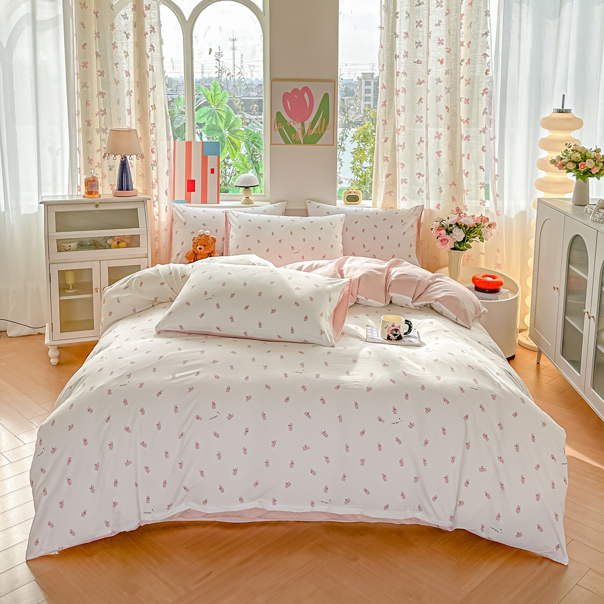 91家纺网 家纺一手货源 找家纺 斯卡诺家纺 2026新款春夏古法水洗仿棉云感纱四件套小布袋五件套 俏皮狗