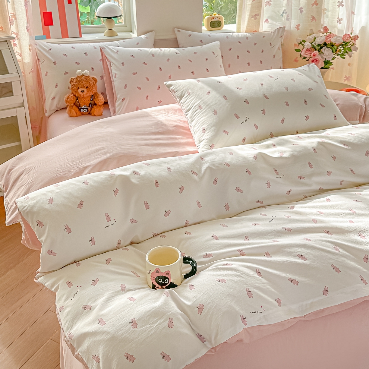 91家纺网 家纺一手货源 找家纺 斯卡诺家纺 2026新款春夏古法水洗仿棉云感纱四件套小布袋五件套 俏皮狗