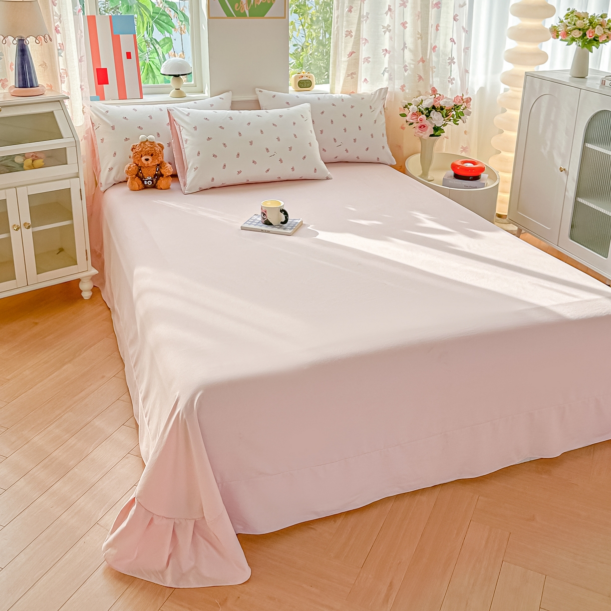 91家纺网 家纺一手货源 找家纺 斯卡诺家纺 2026新款春夏古法水洗仿棉云感纱四件套小布袋五件套 俏皮狗