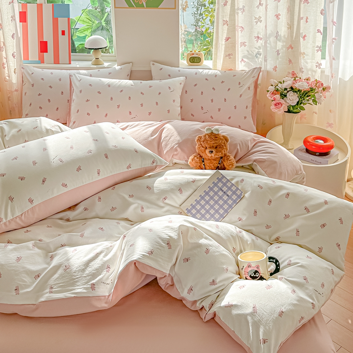 91家纺网 家纺一手货源 找家纺 斯卡诺家纺 2026新款春夏古法水洗仿棉云感纱四件套小布袋五件套 俏皮狗