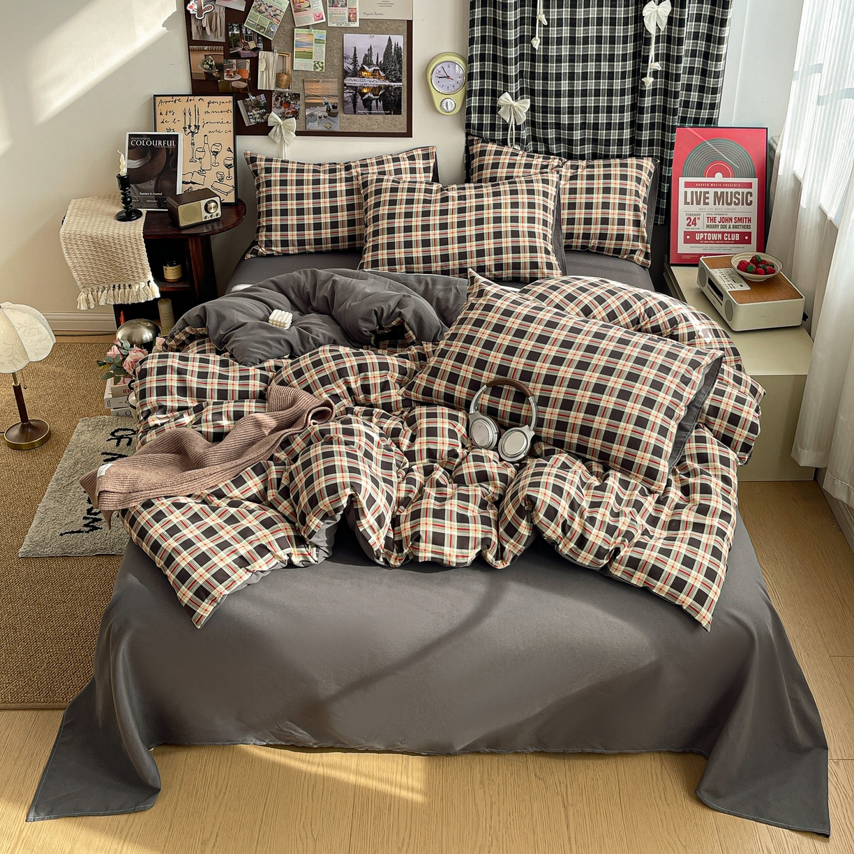 91家纺网 家纺一手货源 找家纺  赫然 2026新款水洗双层纱四件套 旋律格