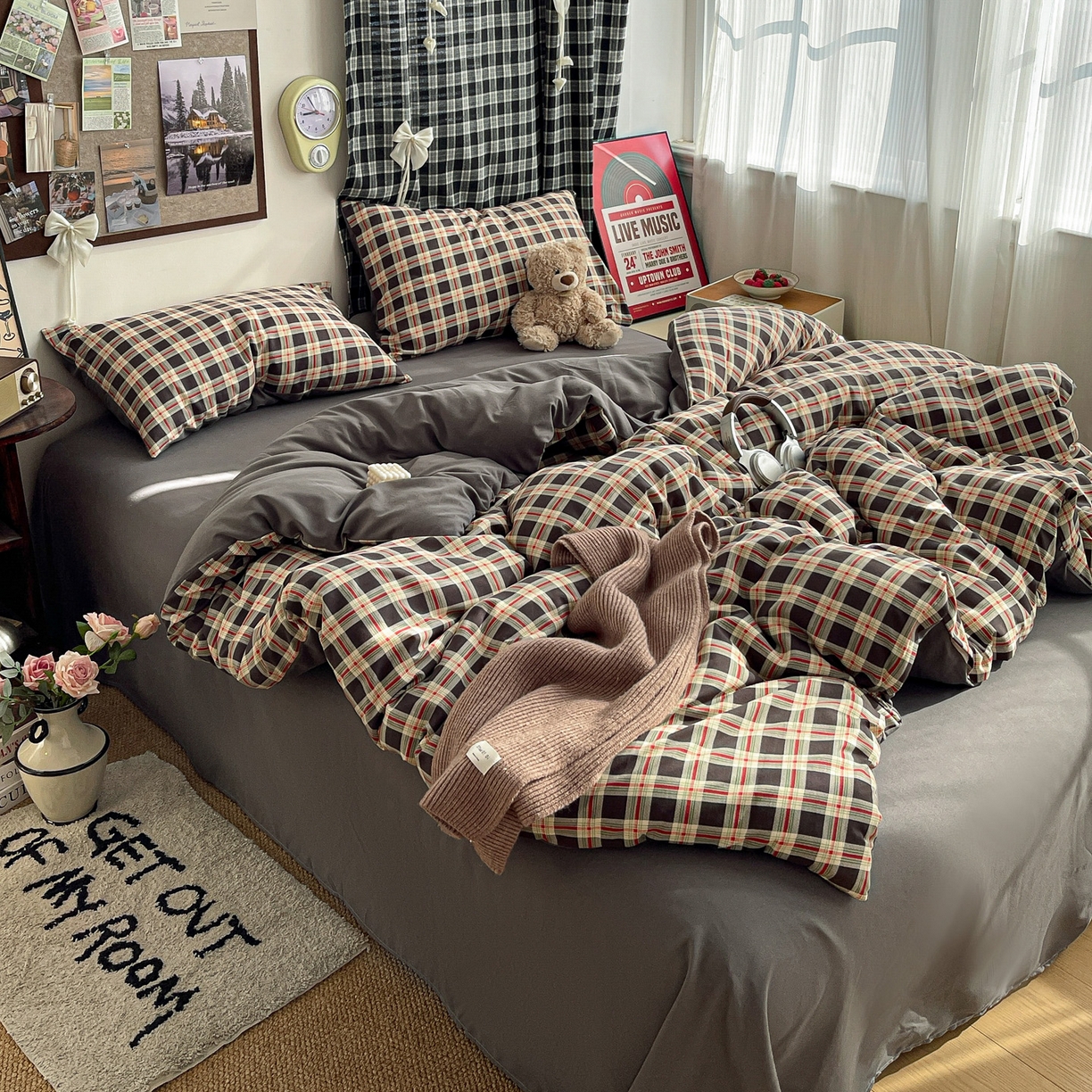 91家纺网 家纺一手货源 找家纺  赫然 2026新款水洗双层纱四件套 旋律格