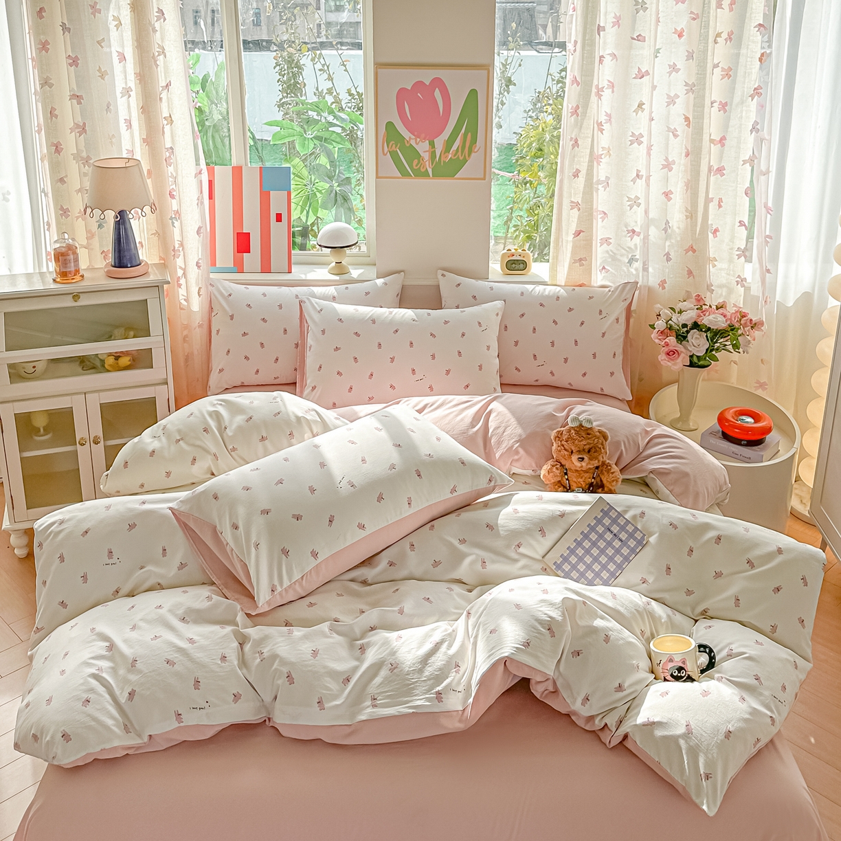 91家纺网 家纺一手货源 找家纺 斯卡诺家纺 2026新款春夏古法水洗仿棉云感纱四件套小布袋五件套 俏皮狗