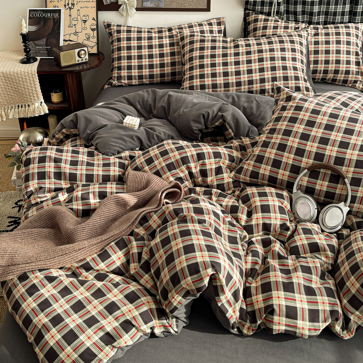 91家纺网 家纺一手货源 找家纺  赫然 2026新款水洗双层纱四件套 旋律格