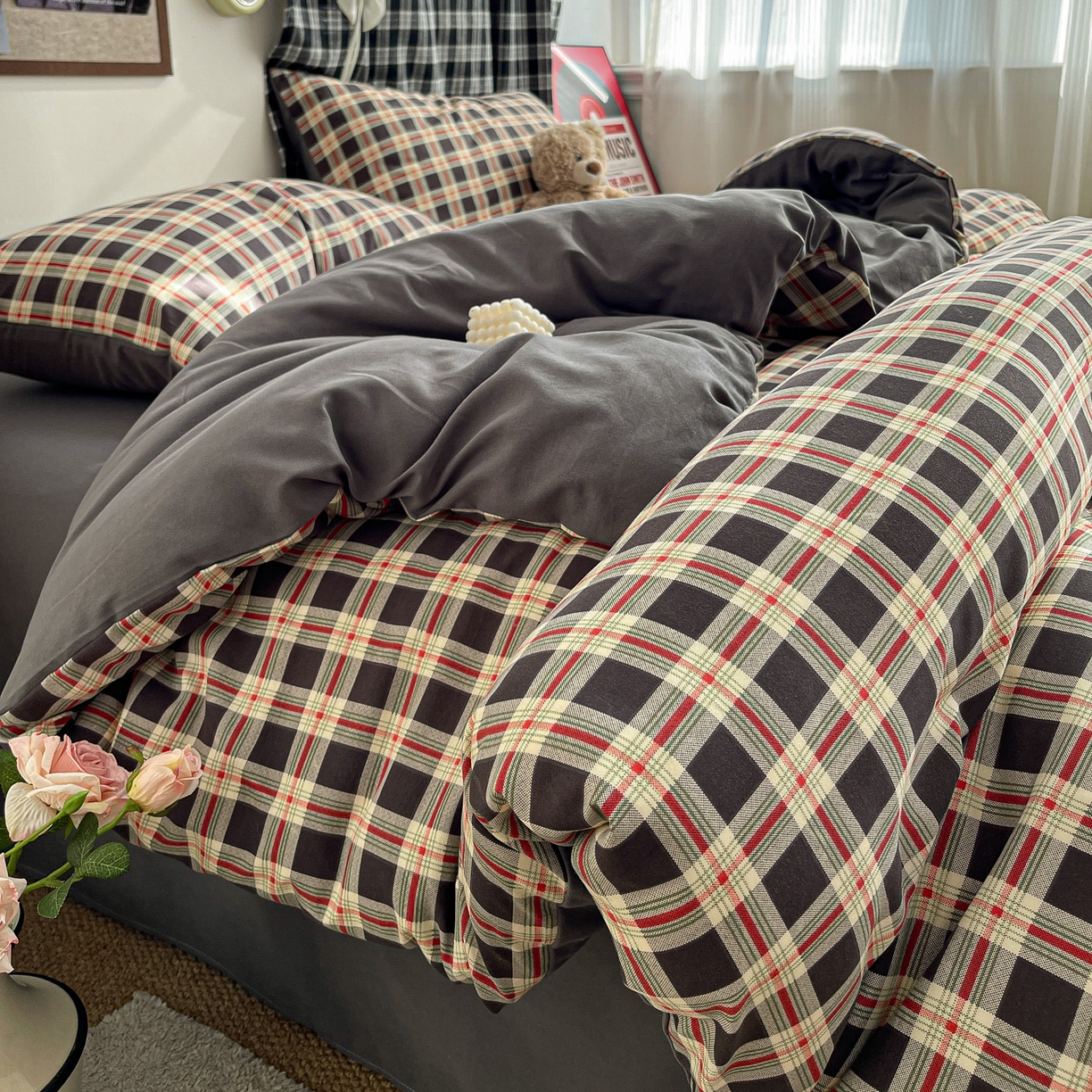 91家纺网 家纺一手货源 找家纺  赫然 2026新款水洗双层纱四件套 旋律格