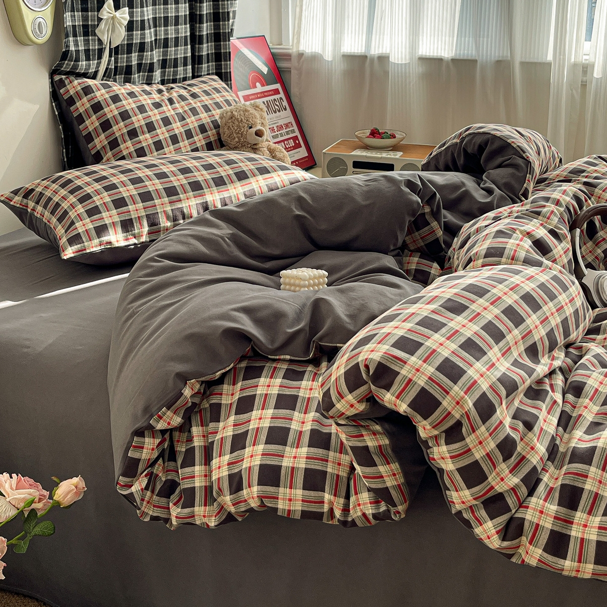 91家纺网 家纺一手货源 找家纺  赫然 2026新款水洗双层纱四件套 旋律格