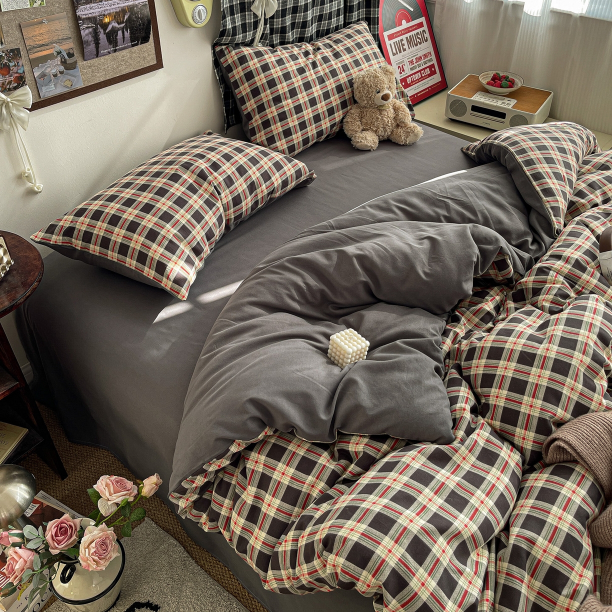 91家纺网 家纺一手货源 找家纺  赫然 2026新款水洗双层纱四件套 旋律格