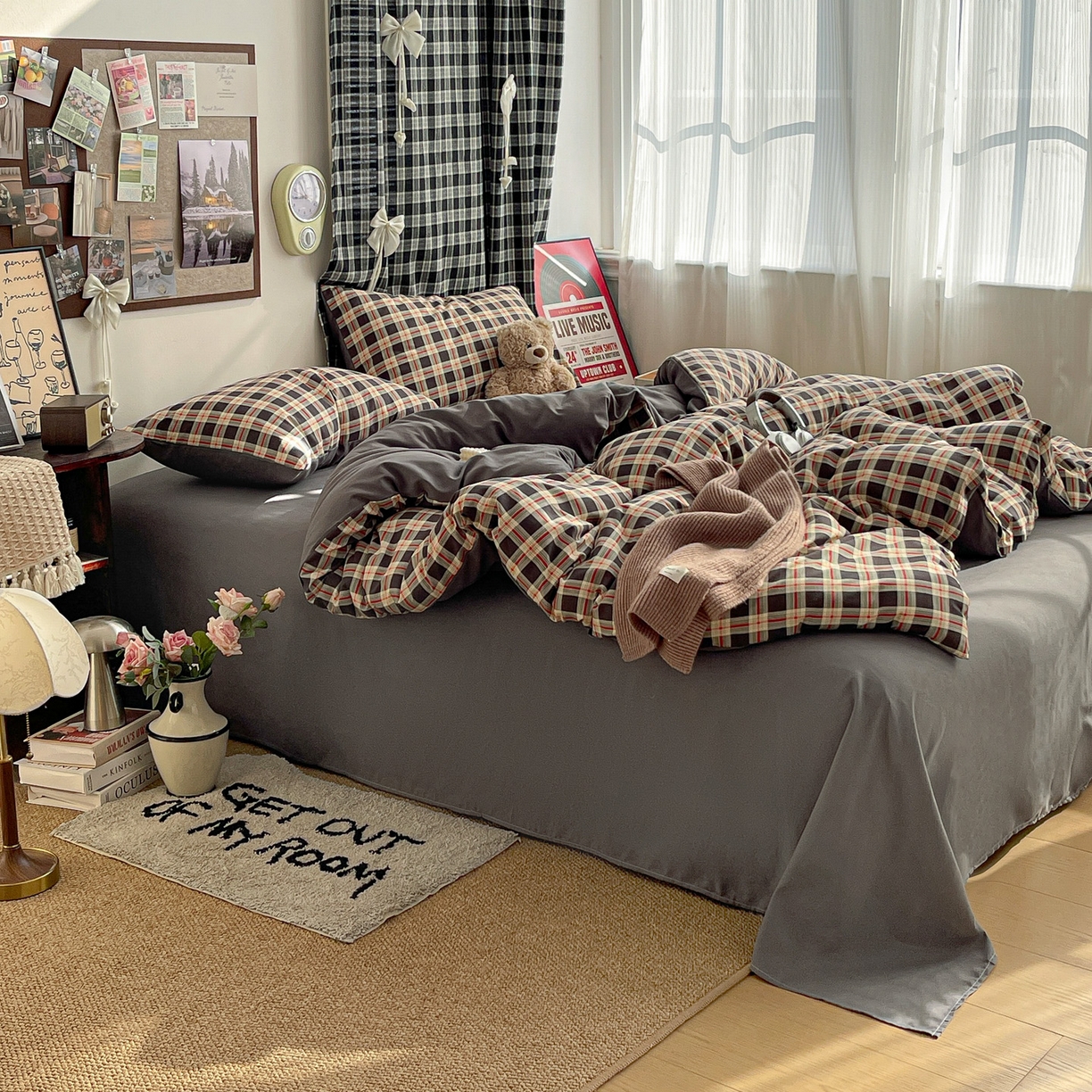 91家纺网 家纺一手货源 找家纺  赫然 2026新款水洗双层纱四件套 旋律格