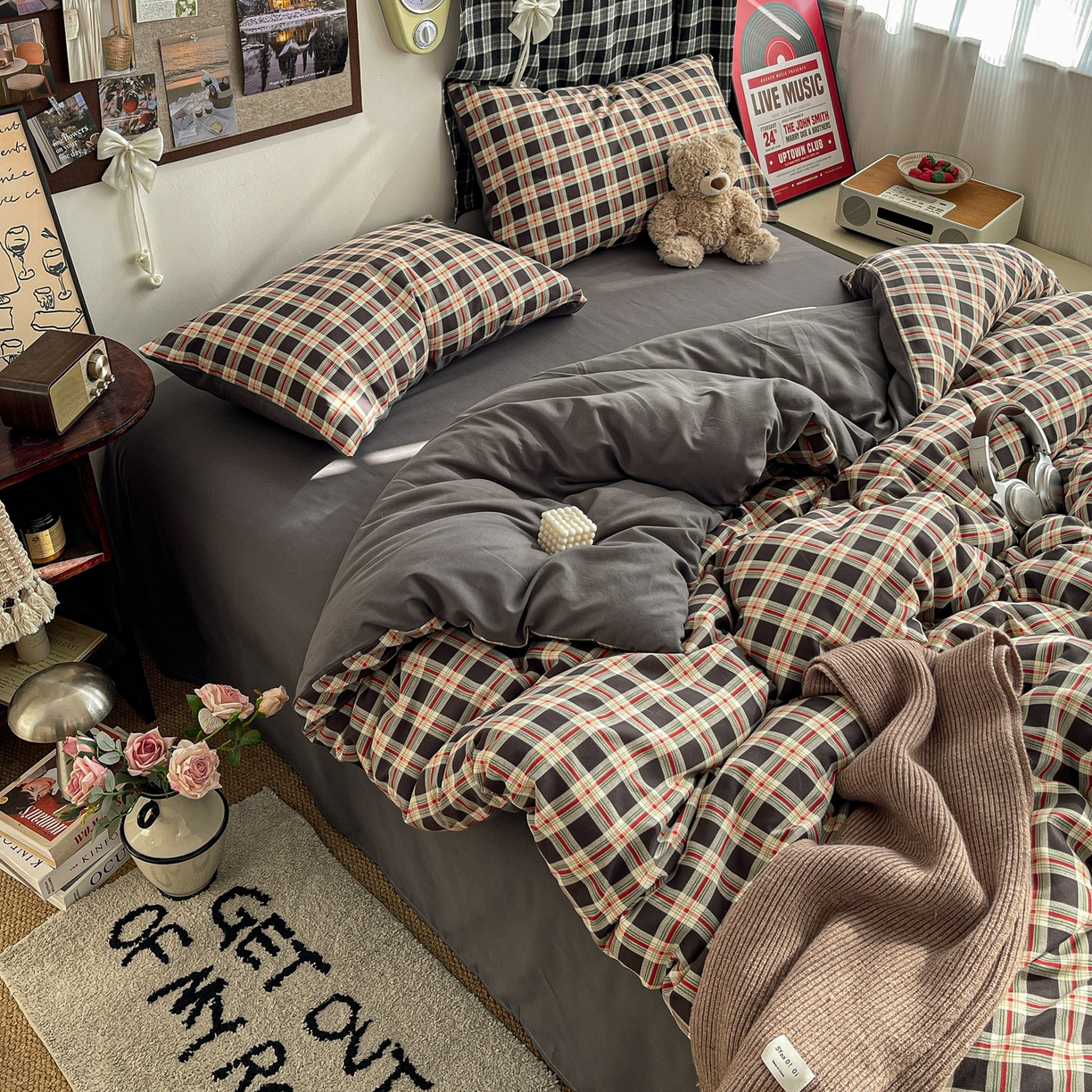 91家纺网 家纺一手货源 找家纺  赫然 2026新款水洗双层纱四件套 旋律格