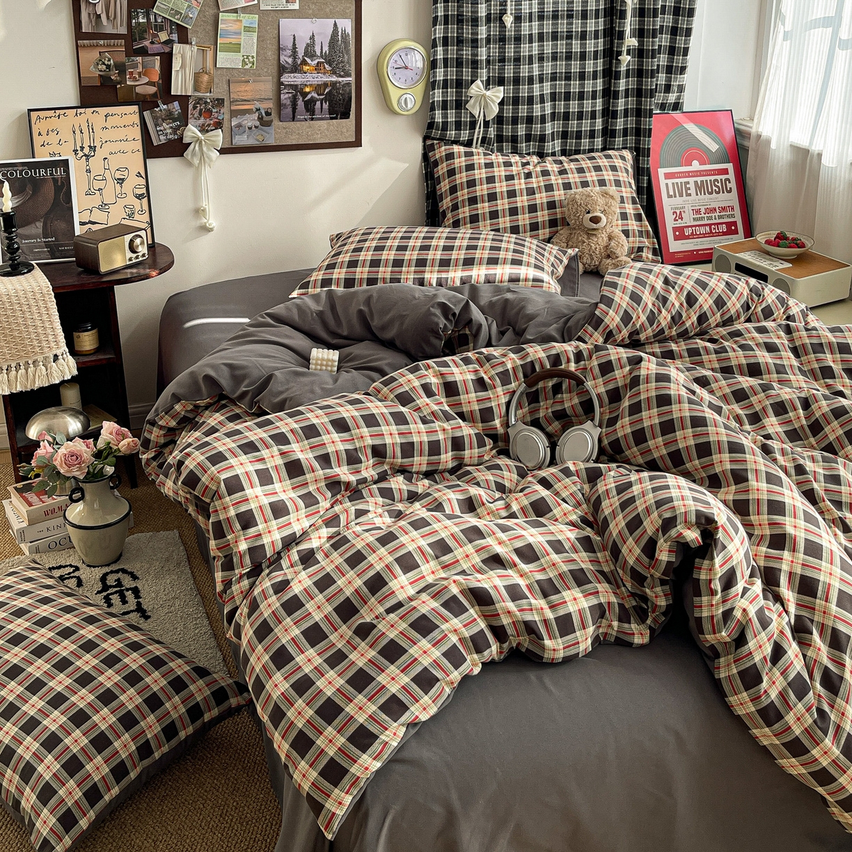 91家纺网 家纺一手货源 找家纺  赫然 2026新款水洗双层纱四件套 旋律格