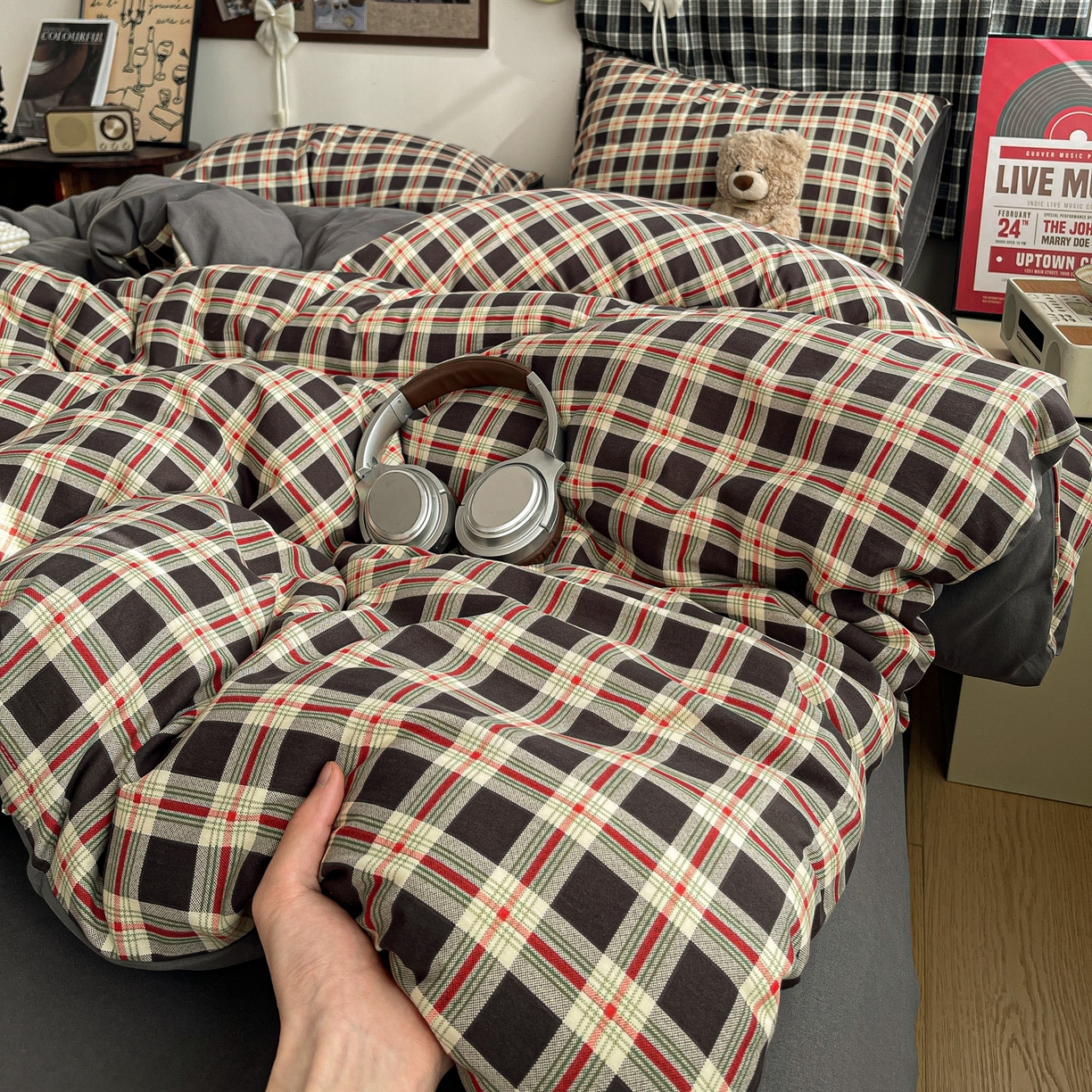 91家纺网 家纺一手货源 找家纺  赫然 2026新款水洗双层纱四件套 旋律格