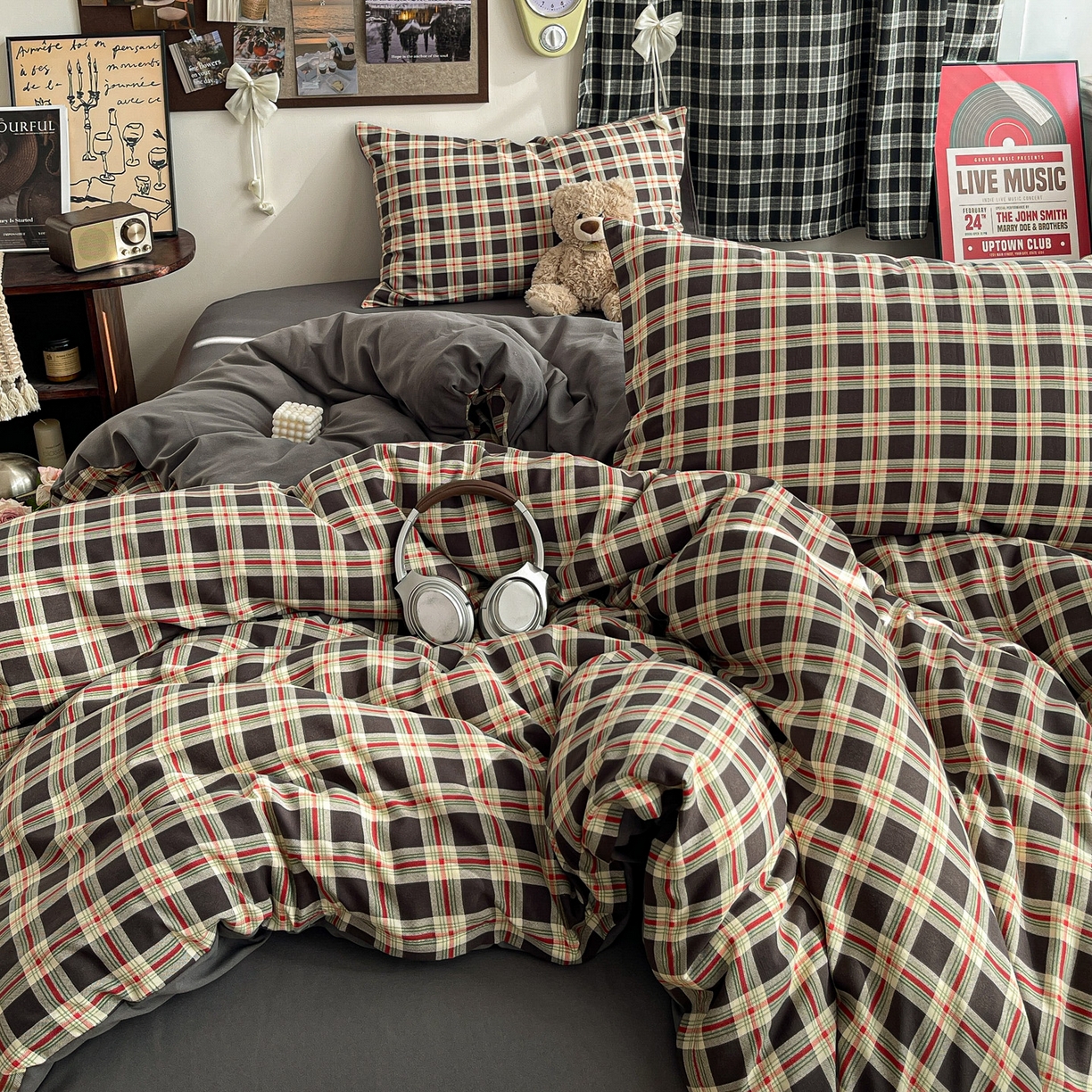 91家纺网 家纺一手货源 找家纺  赫然 2026新款水洗双层纱四件套 旋律格