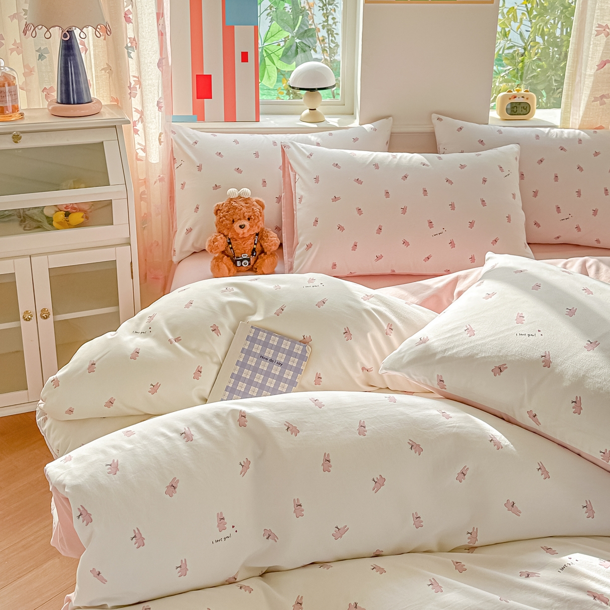 91家纺网 家纺一手货源 找家纺 斯卡诺家纺 2026新款春夏古法水洗仿棉云感纱四件套小布袋五件套 俏皮狗