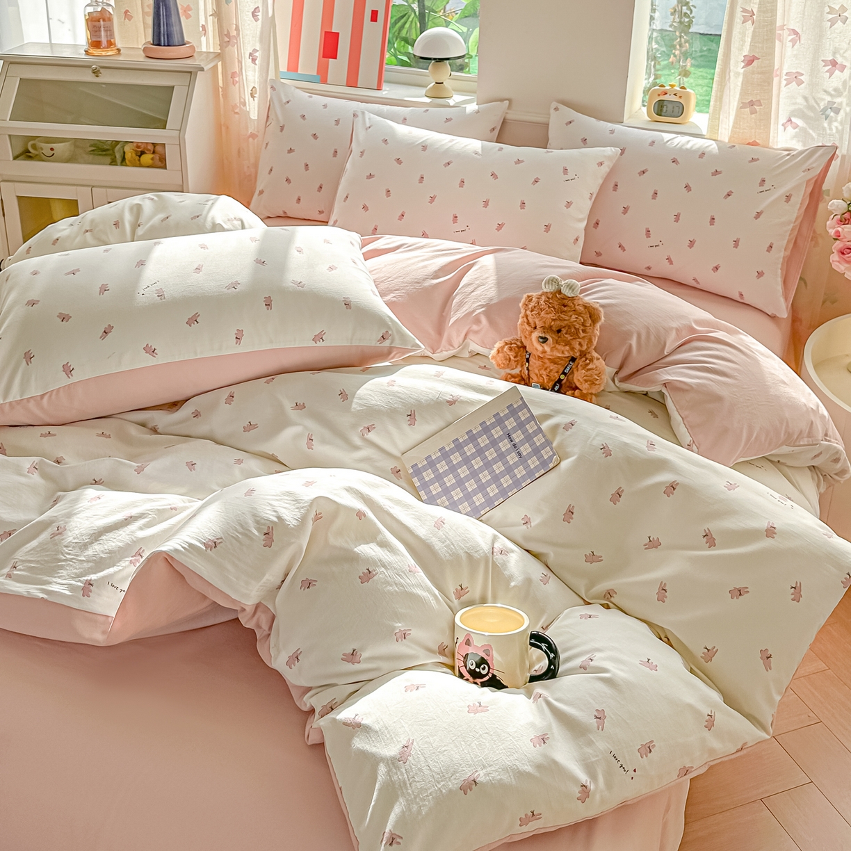 91家纺网 家纺一手货源 找家纺 斯卡诺家纺 2026新款春夏古法水洗仿棉云感纱四件套小布袋五件套 俏皮狗