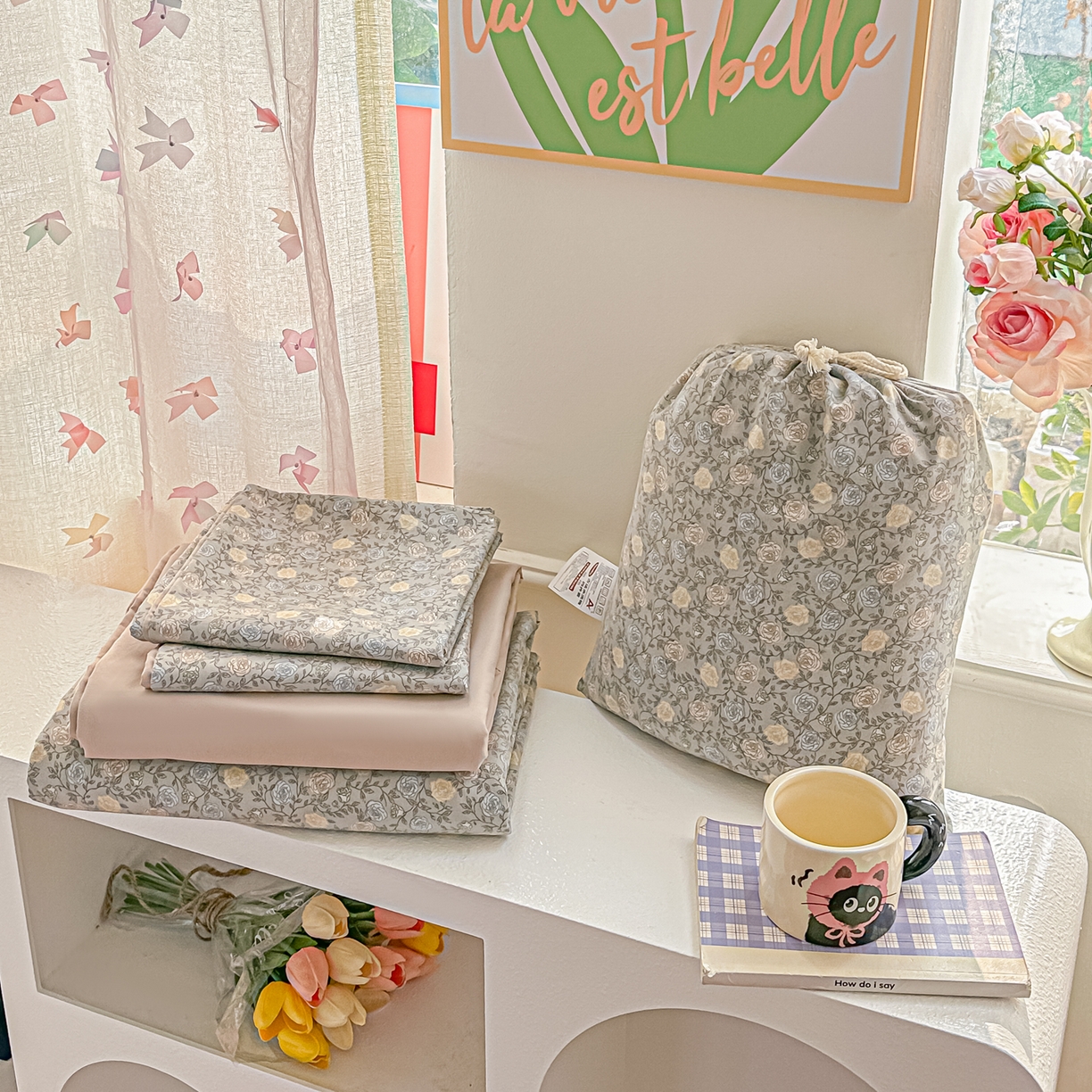 91家纺网 家纺一手货源 找家纺 斯卡诺家纺 2026新款春夏古法水洗仿棉云感纱四件套小布袋五件套 森屿