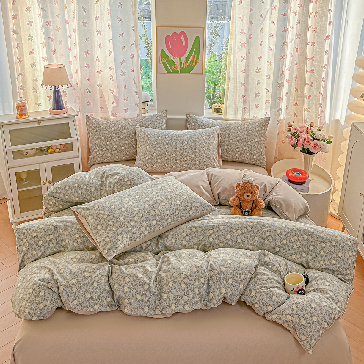 91家纺网 家纺一手货源 找家纺 斯卡诺家纺 2026新款春夏古法水洗仿棉云感纱四件套小布袋五件套 森屿