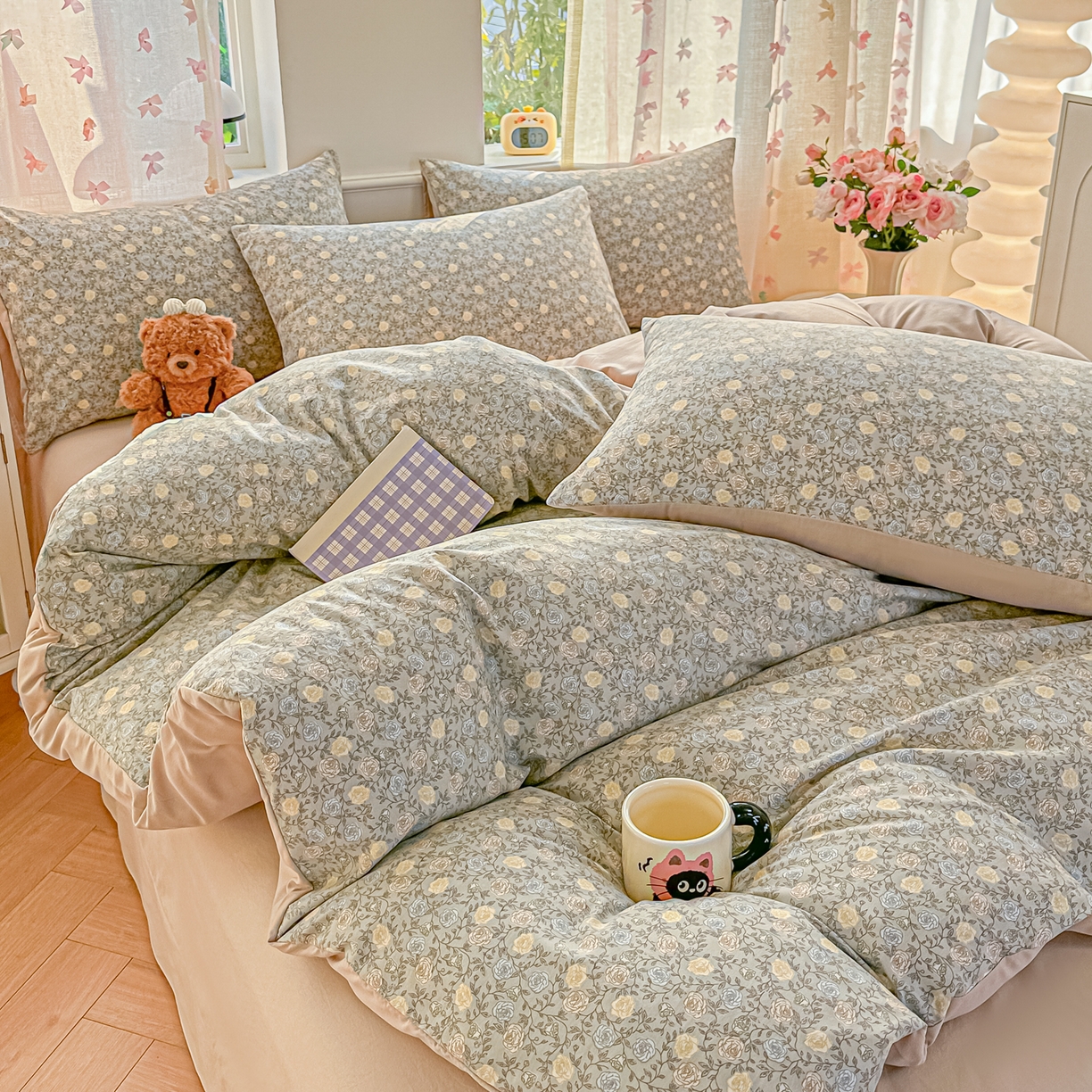 91家纺网 家纺一手货源 找家纺 斯卡诺家纺 2026新款春夏古法水洗仿棉云感纱四件套小布袋五件套 森屿