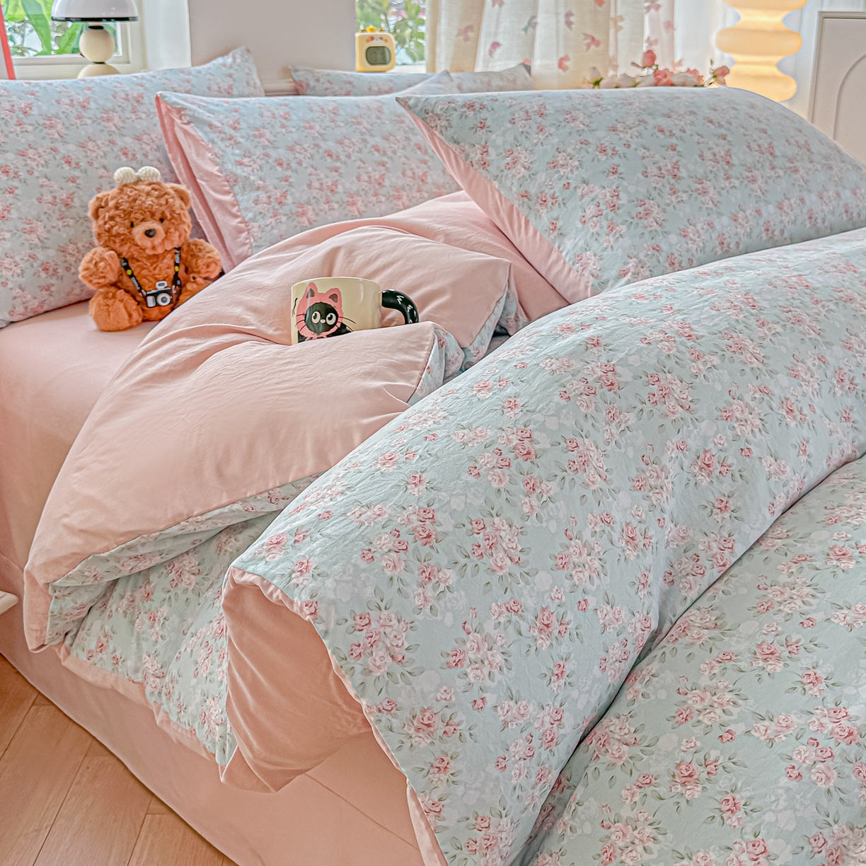 斯卡诺家纺 2026新款春夏古法水洗仿棉云感纱四件套小布袋五件套 盛夏花开