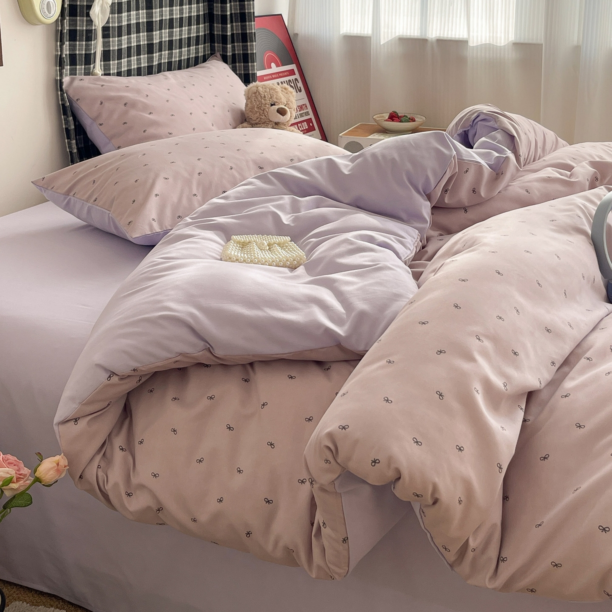 91家纺网 家纺一手货源 找家纺 赫然 2026新款水洗双层纱四件套 芋泥紫