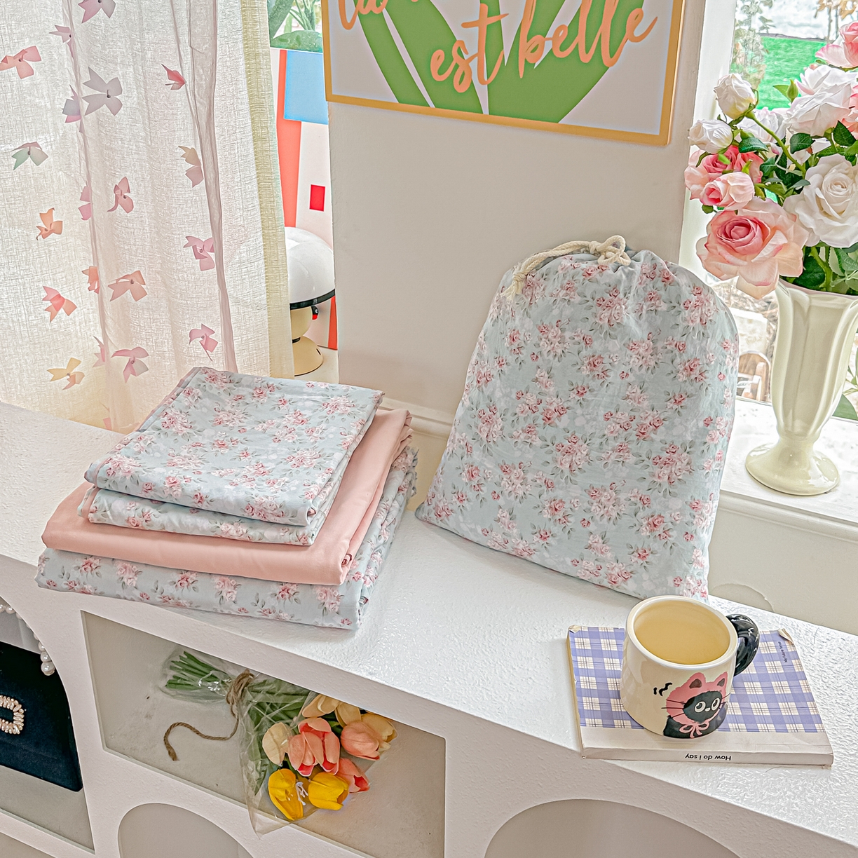 91家纺网 家纺一手货源 找家纺 斯卡诺家纺 2026新款春夏古法水洗仿棉云感纱四件套小布袋五件套 盛夏花开