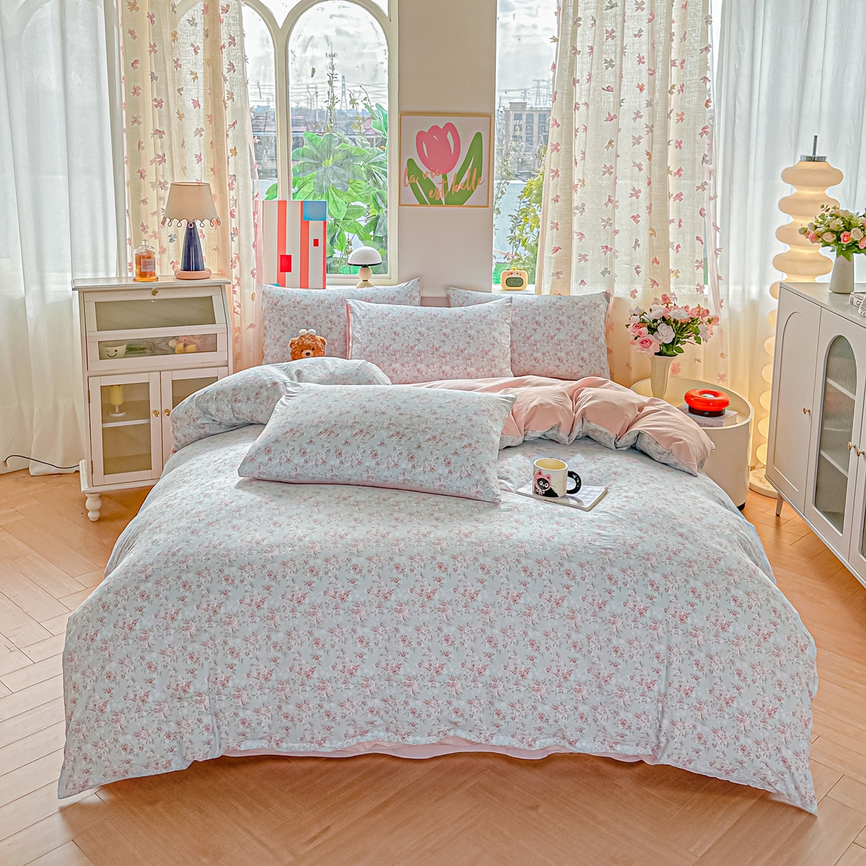 91家纺网 家纺一手货源 找家纺 斯卡诺家纺 2026新款春夏古法水洗仿棉云感纱四件套小布袋五件套 盛夏花开