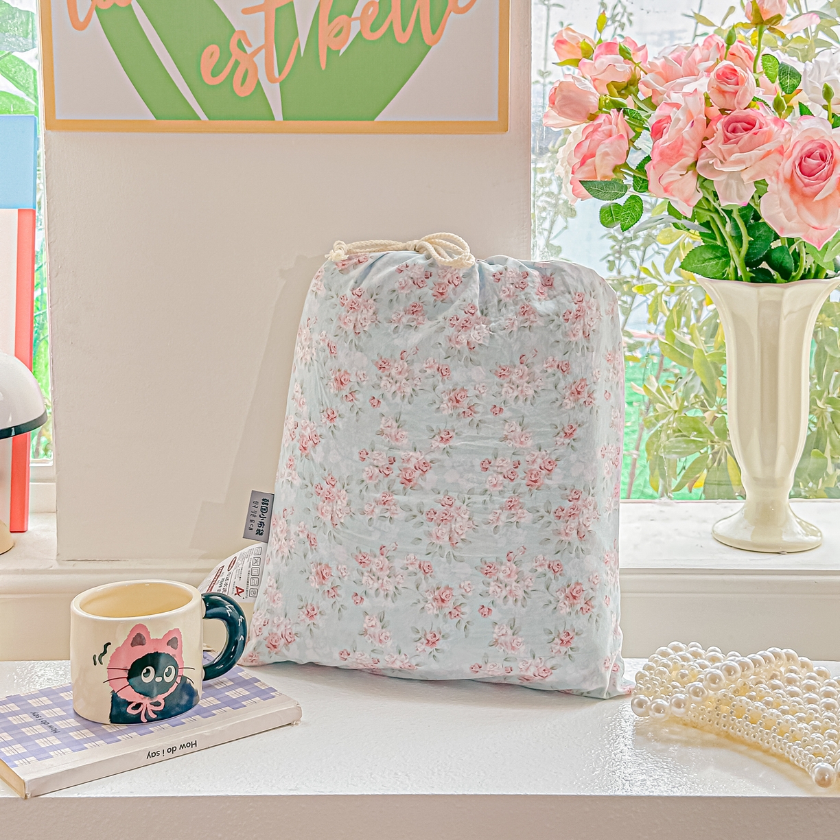 91家纺网 家纺一手货源 找家纺 斯卡诺家纺 2026新款春夏古法水洗仿棉云感纱四件套小布袋五件套 盛夏花开