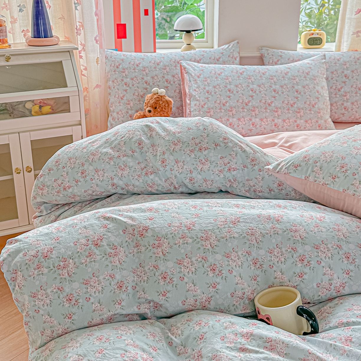 91家纺网 家纺一手货源 找家纺 斯卡诺家纺 2026新款春夏古法水洗仿棉云感纱四件套小布袋五件套 盛夏花开