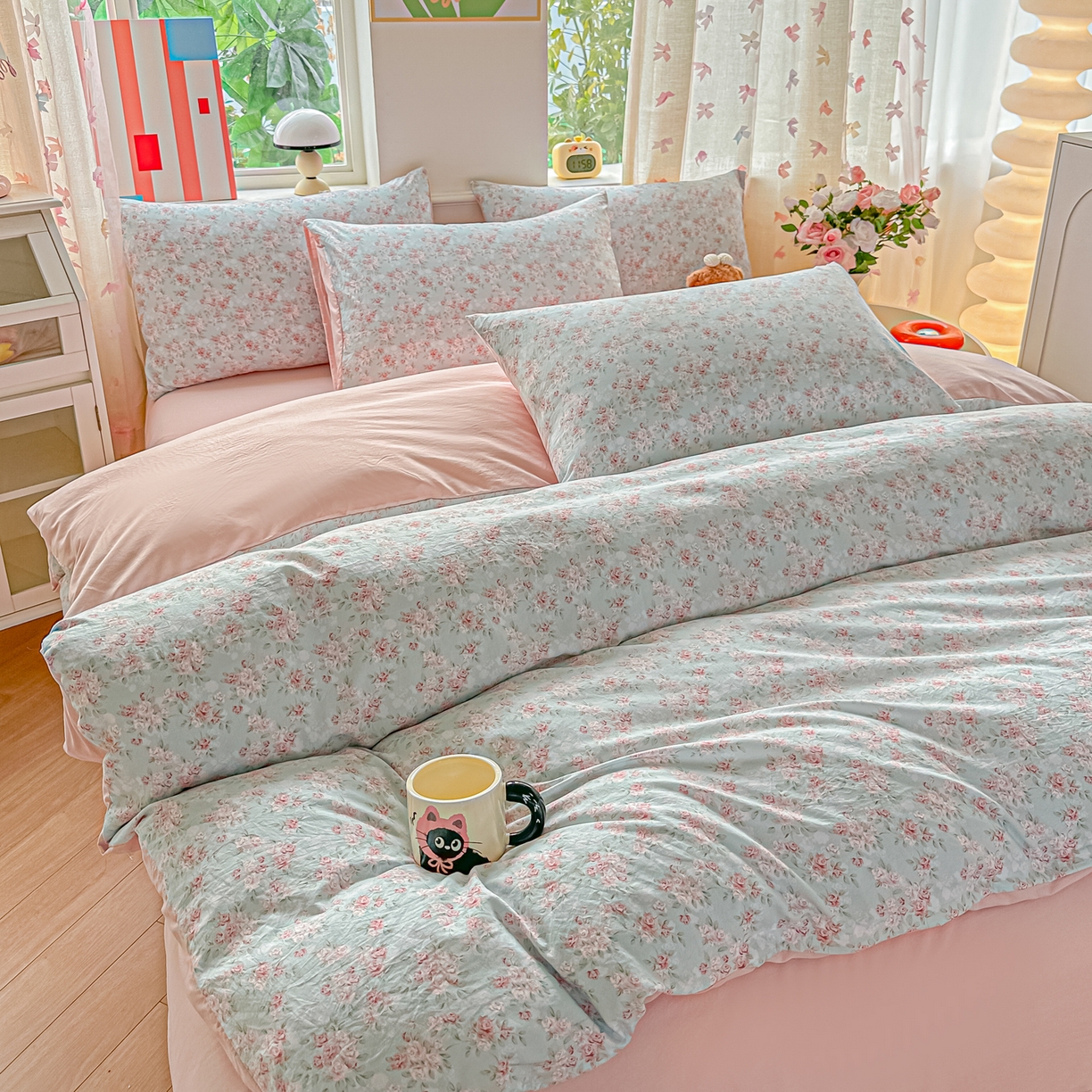 91家纺网 家纺一手货源 找家纺 斯卡诺家纺 2026新款春夏古法水洗仿棉云感纱四件套小布袋五件套 盛夏花开