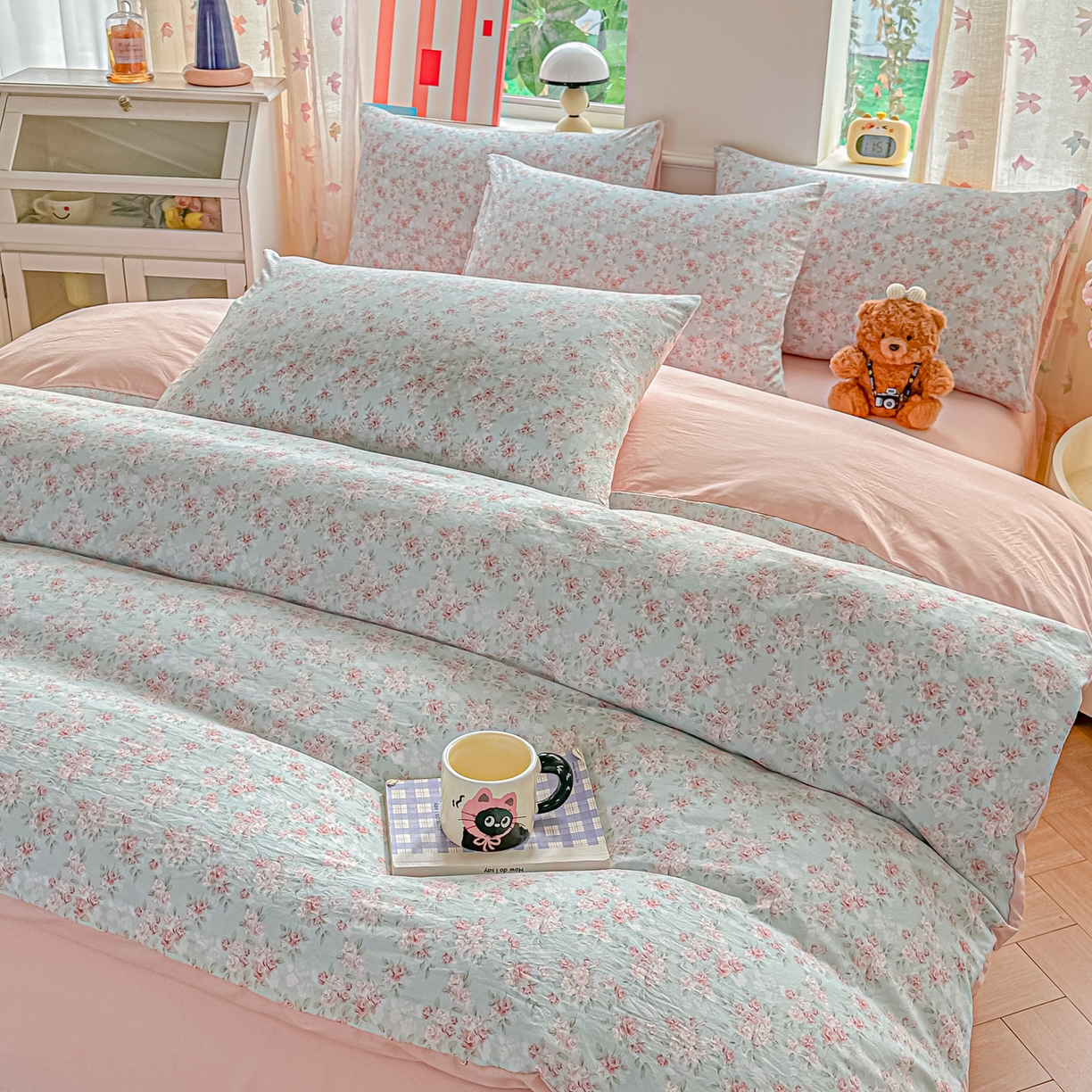 91家纺网 家纺一手货源 找家纺 斯卡诺家纺 2026新款春夏古法水洗仿棉云感纱四件套小布袋五件套 盛夏花开