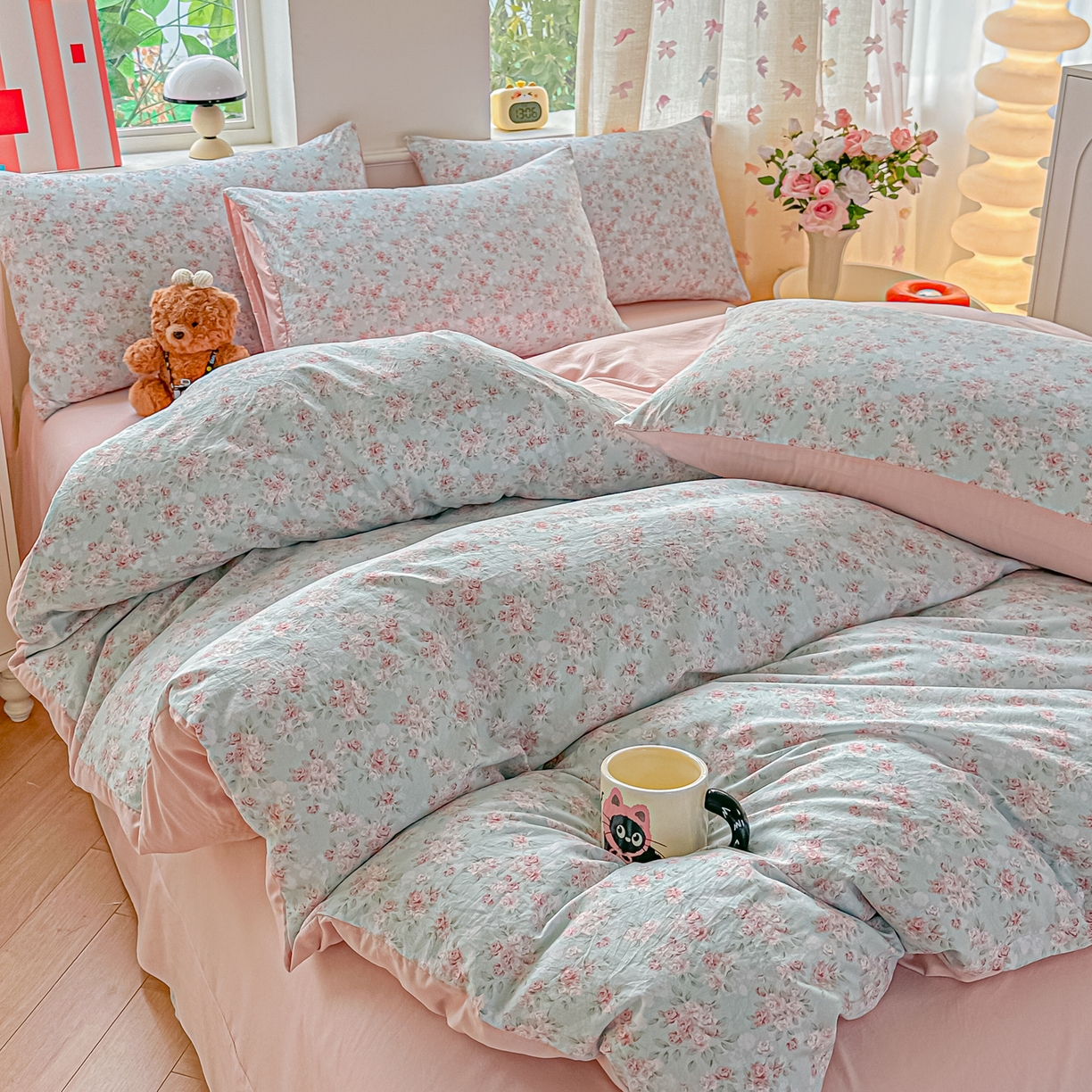 91家纺网 家纺一手货源 找家纺 斯卡诺家纺 2026新款春夏古法水洗仿棉云感纱四件套小布袋五件套 盛夏花开