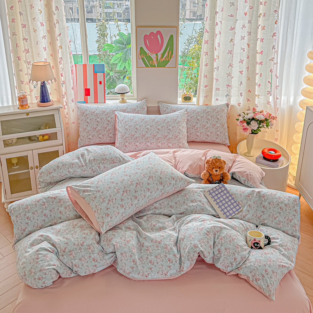 91家纺网 家纺一手货源 找家纺 斯卡诺家纺 2026新款春夏古法水洗仿棉云感纱四件套小布袋五件套 盛夏花开