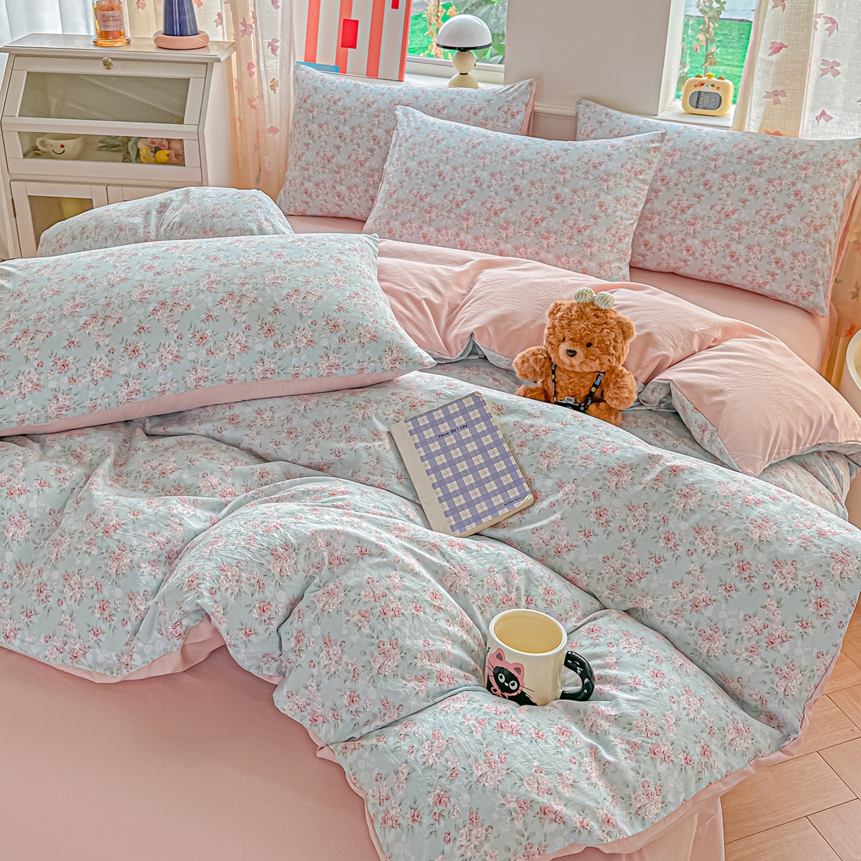 91家纺网 家纺一手货源 找家纺 斯卡诺家纺 2026新款春夏古法水洗仿棉云感纱四件套小布袋五件套 盛夏花开