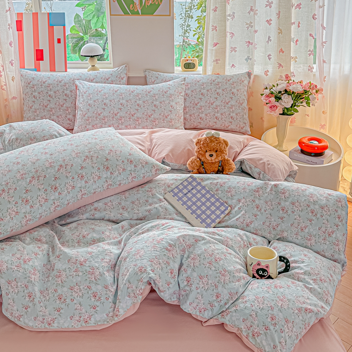 91家纺网 家纺一手货源 找家纺 斯卡诺家纺 2026新款春夏古法水洗仿棉云感纱四件套小布袋五件套 盛夏花开