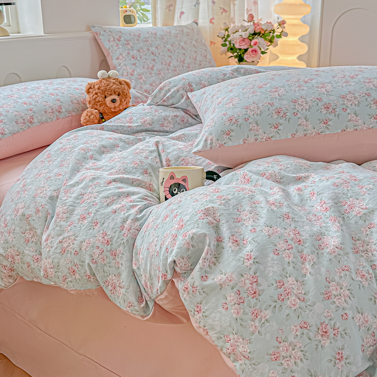 91家纺网 家纺一手货源 找家纺 斯卡诺家纺 2026新款春夏古法水洗仿棉云感纱四件套小布袋五件套 盛夏花开