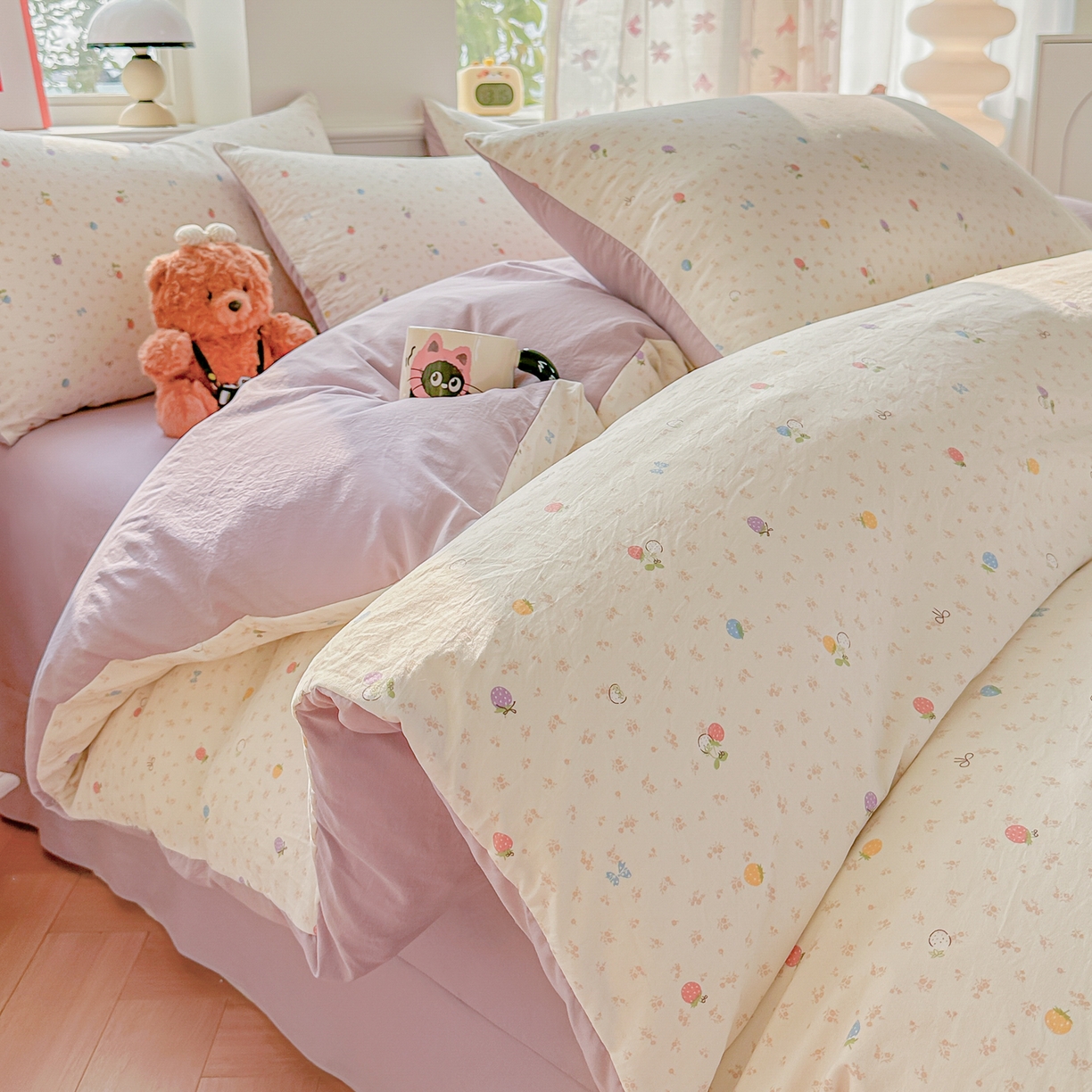 斯卡诺家纺 2026新款春夏古法水洗仿棉云感纱四件套小布袋五件套 甜心草莓