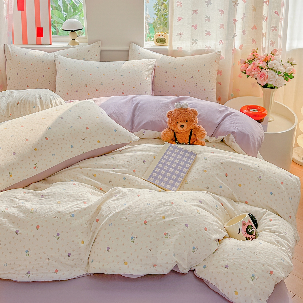 91家纺网 家纺一手货源 找家纺 斯卡诺家纺 2026新款春夏古法水洗仿棉云感纱四件套小布袋五件套 甜心草莓