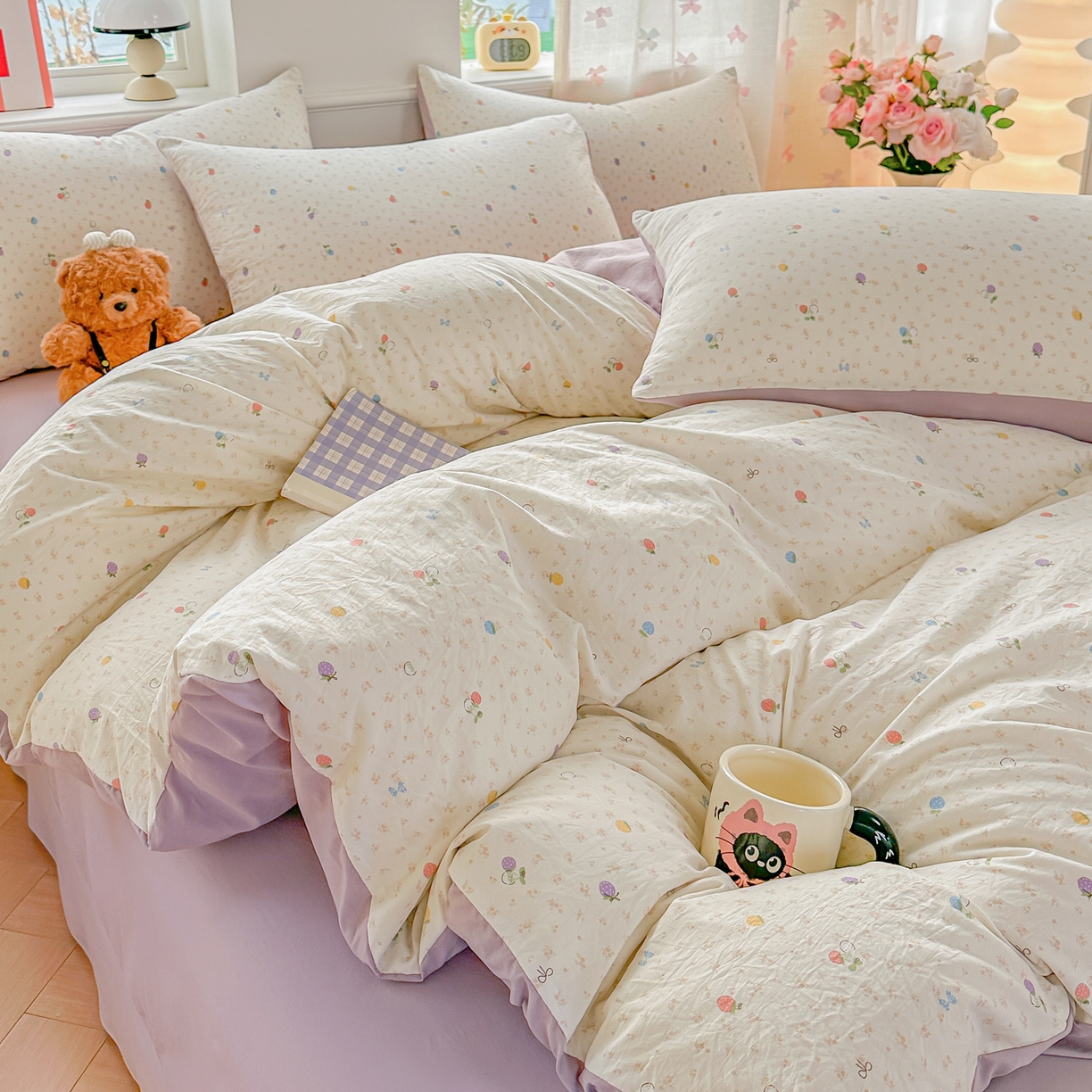 91家纺网 家纺一手货源 找家纺 斯卡诺家纺 2026新款春夏古法水洗仿棉云感纱四件套小布袋五件套 甜心草莓