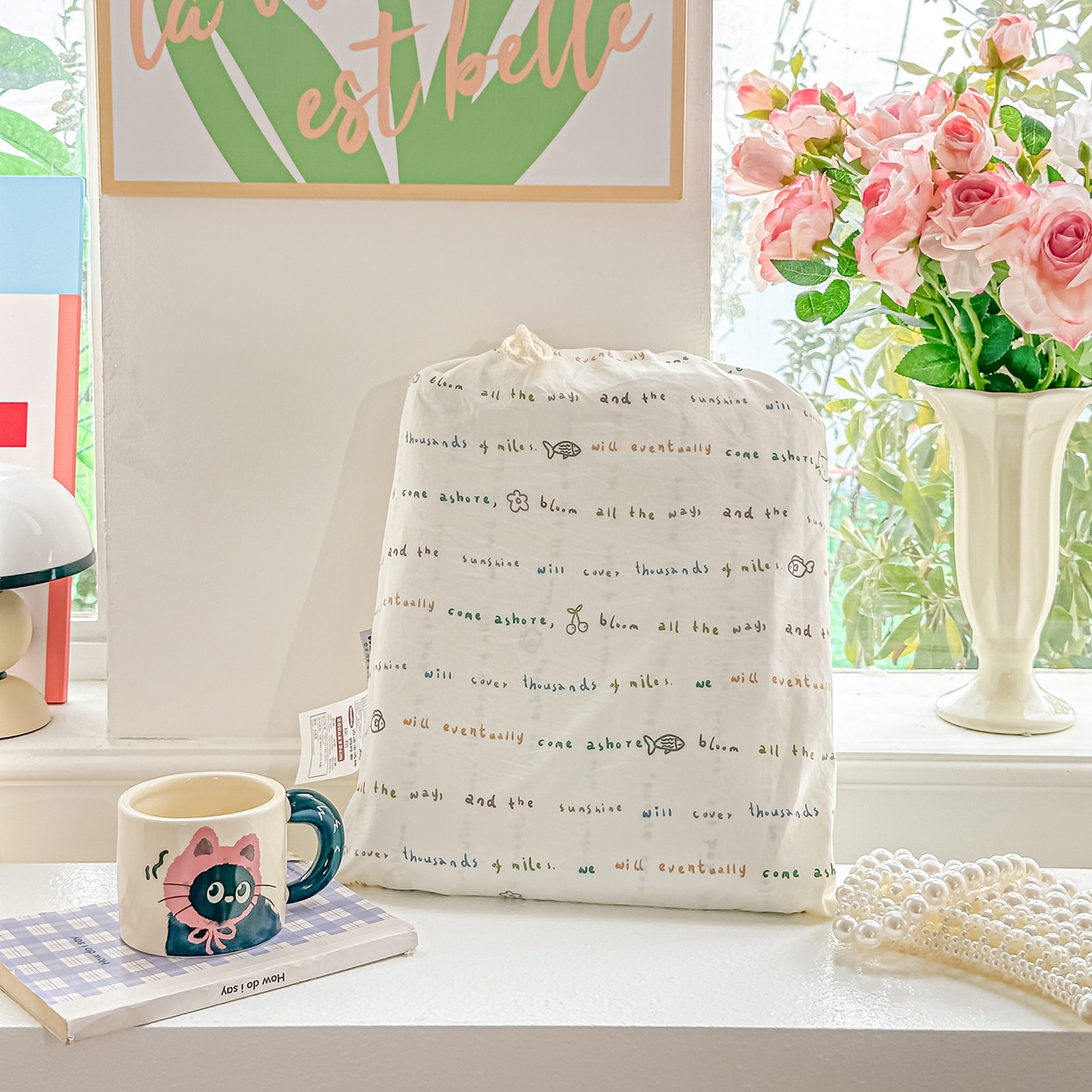 91家纺网 家纺一手货源 找家纺 斯卡诺家纺 2026新款春夏古法水洗仿棉云感纱四件套小布袋五件套 甜心喵