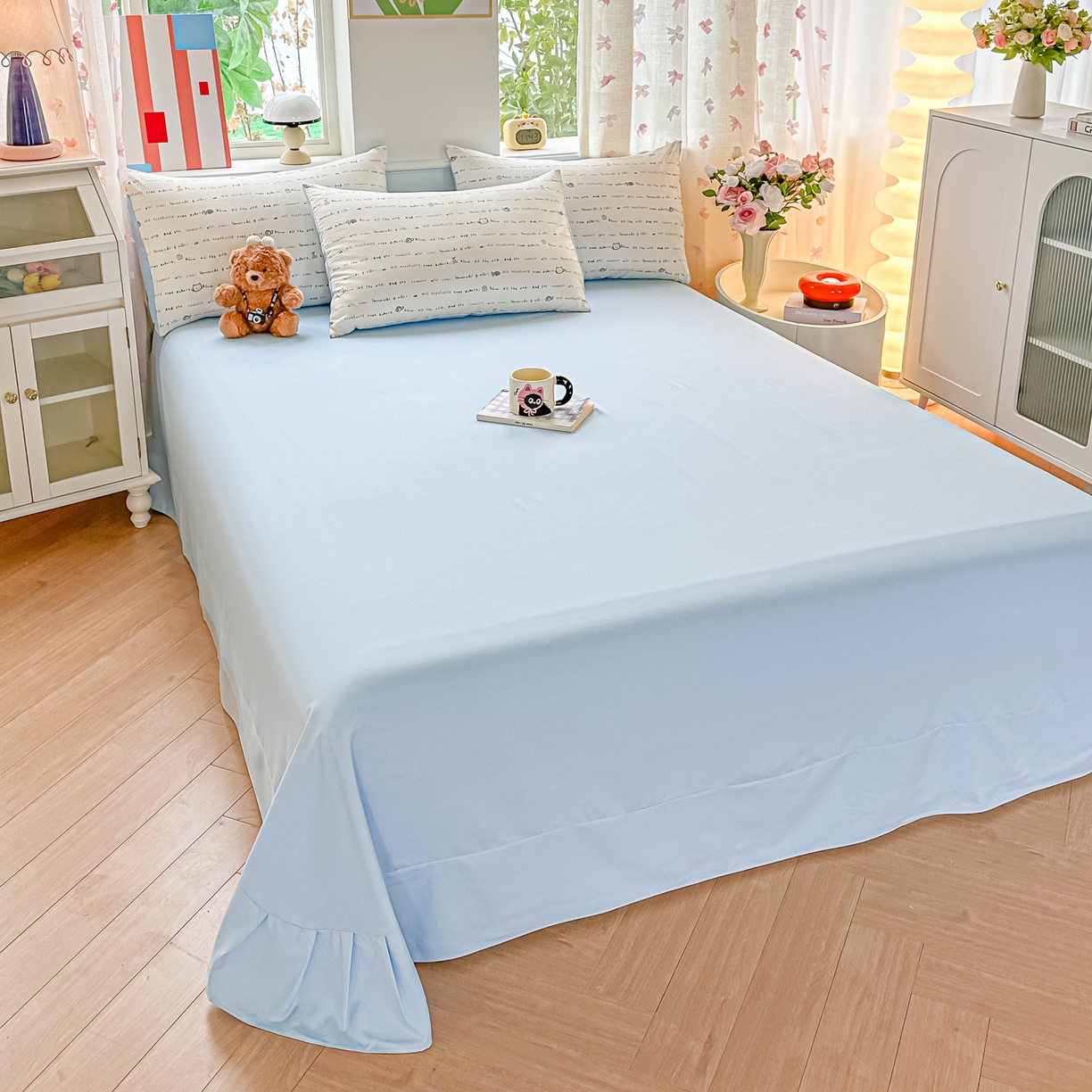 91家纺网 家纺一手货源 找家纺 斯卡诺家纺 2026新款春夏古法水洗仿棉云感纱四件套小布袋五件套 甜心喵