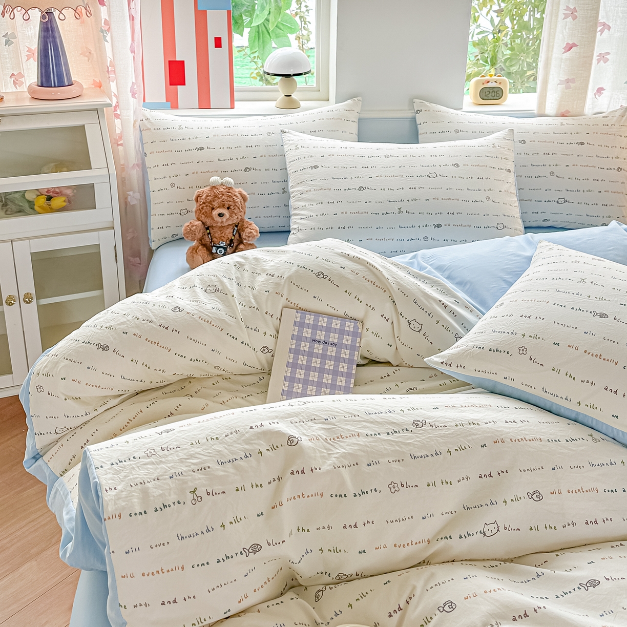 91家纺网 家纺一手货源 找家纺 斯卡诺家纺 2026新款春夏古法水洗仿棉云感纱四件套小布袋五件套 甜心喵