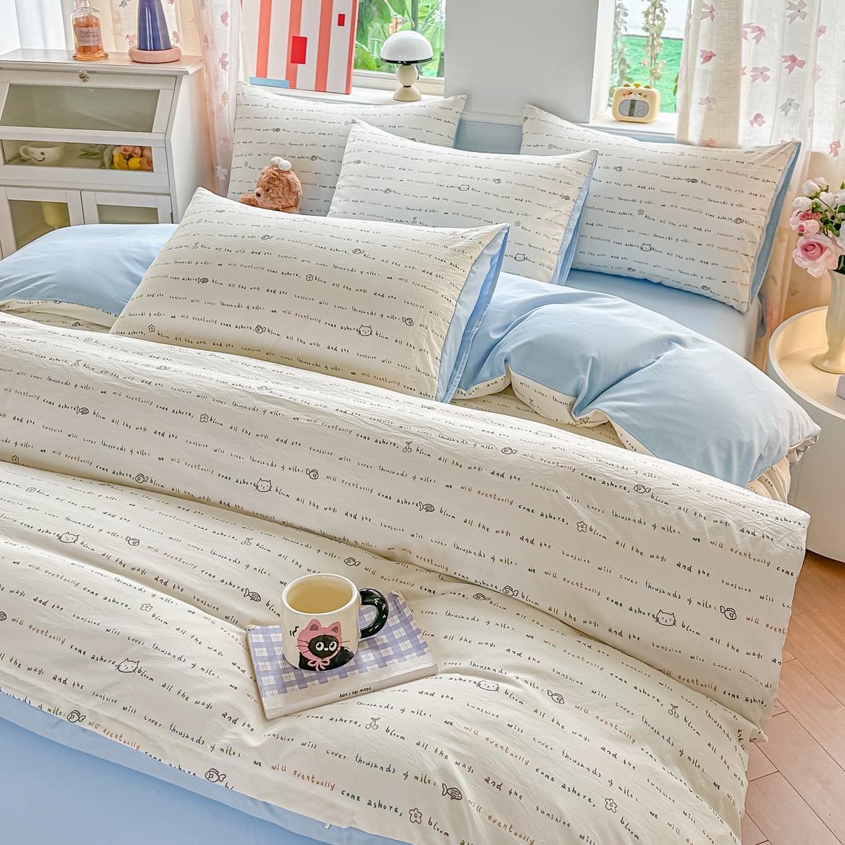 91家纺网 家纺一手货源 找家纺 斯卡诺家纺 2026新款春夏古法水洗仿棉云感纱四件套小布袋五件套 甜心喵